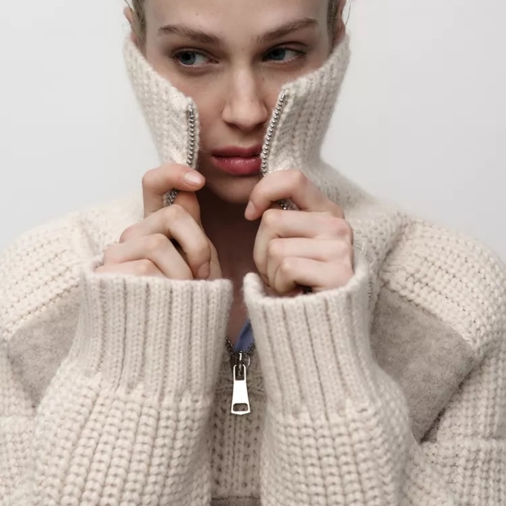 Zara Ecru Wool & Alpaca Blend Knit Zipper Sweater - Picture 5 of 8